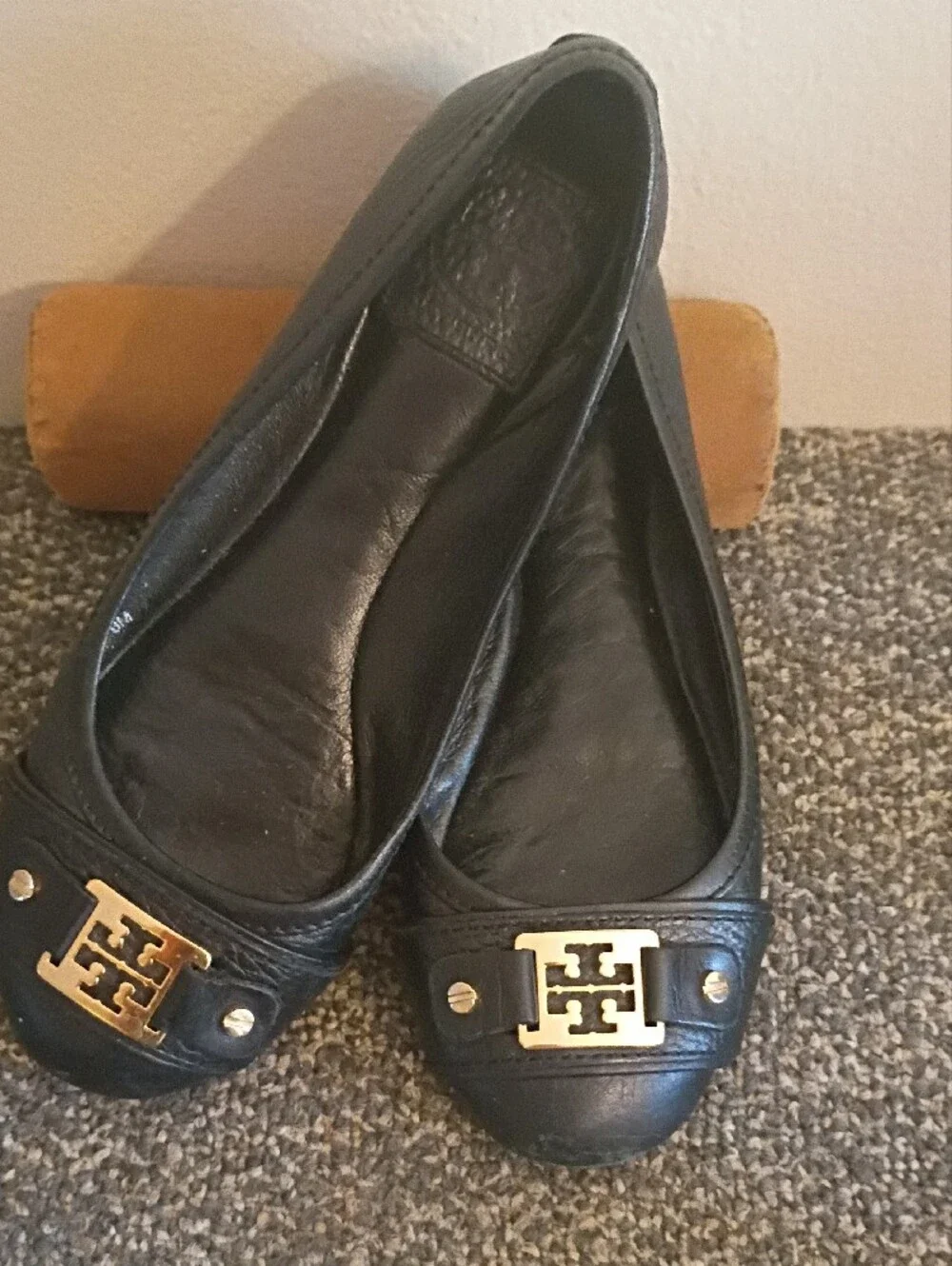 Tory Burch Black Leather Flats with Gold Logo Accent